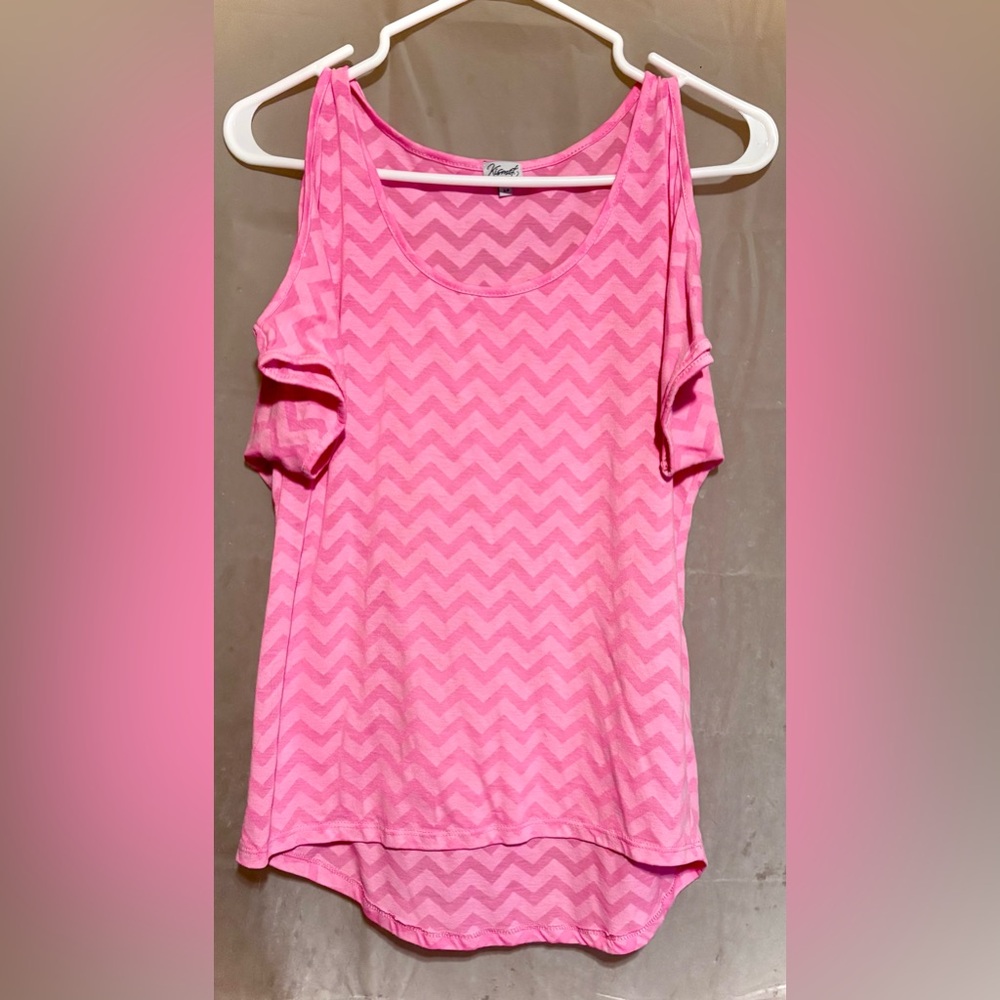 Kismet- Hot Pink Chevron Short Sleeve Cold Shoulder Top-Sheer-Small